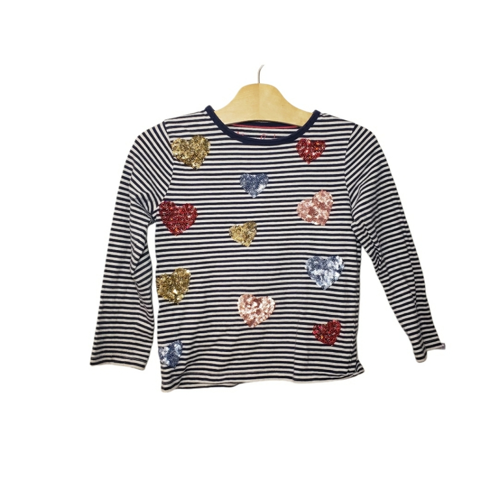 Mini Boden 4-5 Y Striped Sequin Heart Long Sleeve Tee
